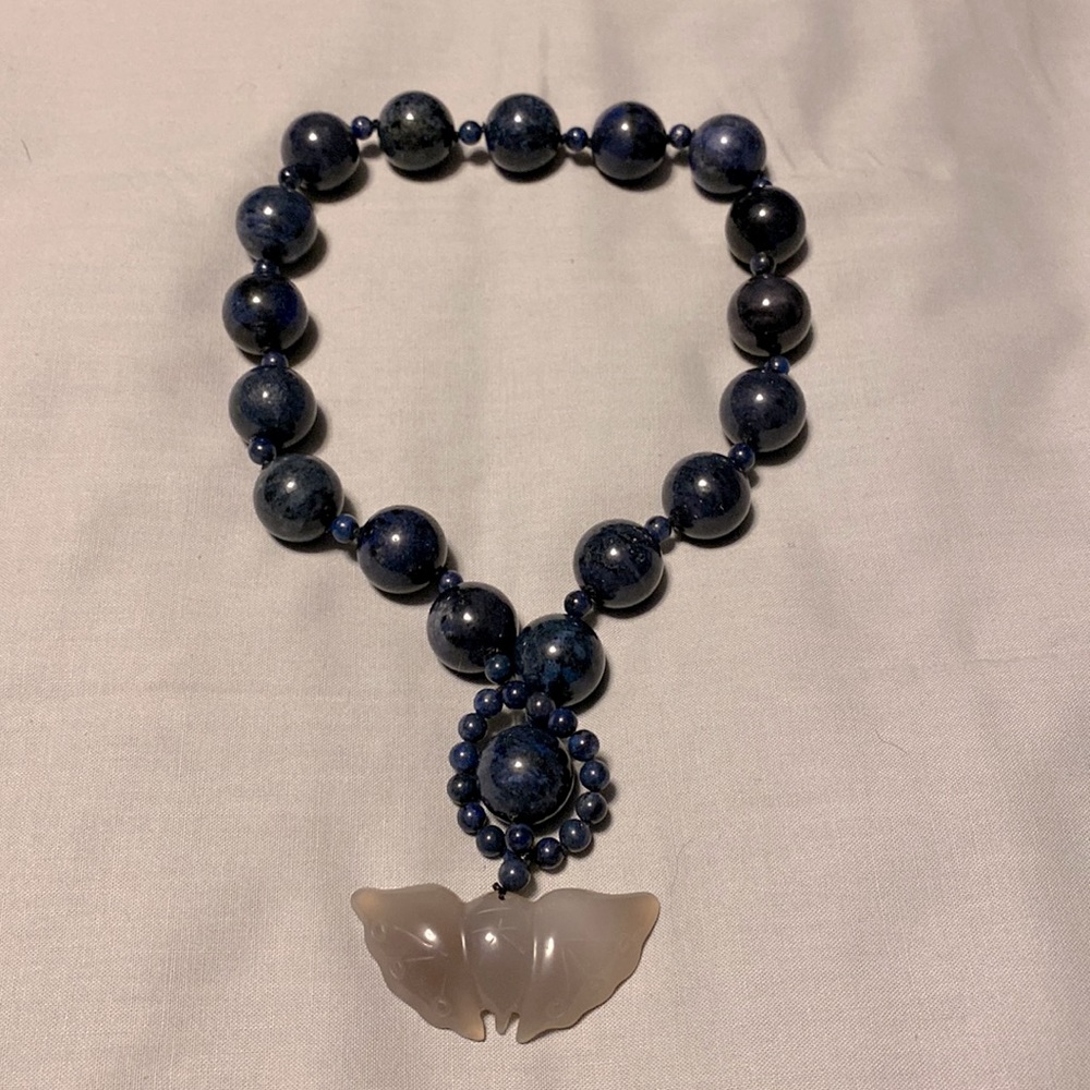 Vintage Chunky Necklace Purple Blue Glass Marbles Carved Butterfly or Bat Clasp